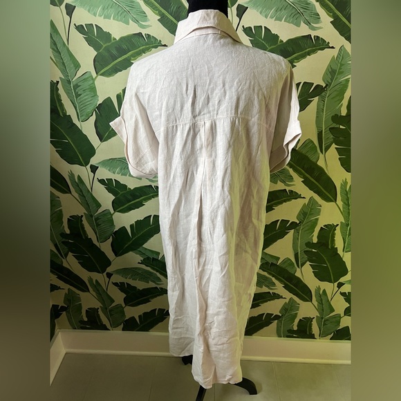 Paradise 100% Italian Linen Beige Button Front Short Sleeve Midi Dress M - Picture 5 of 9